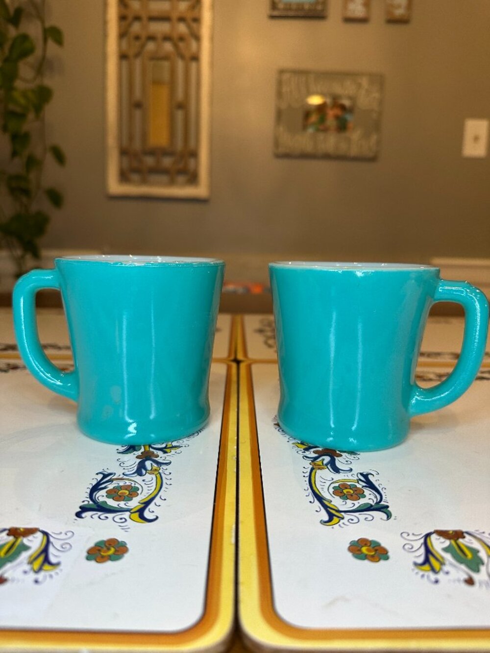 set of 2 vintage turquoise blue Fire-King D-handle milk glass mugs